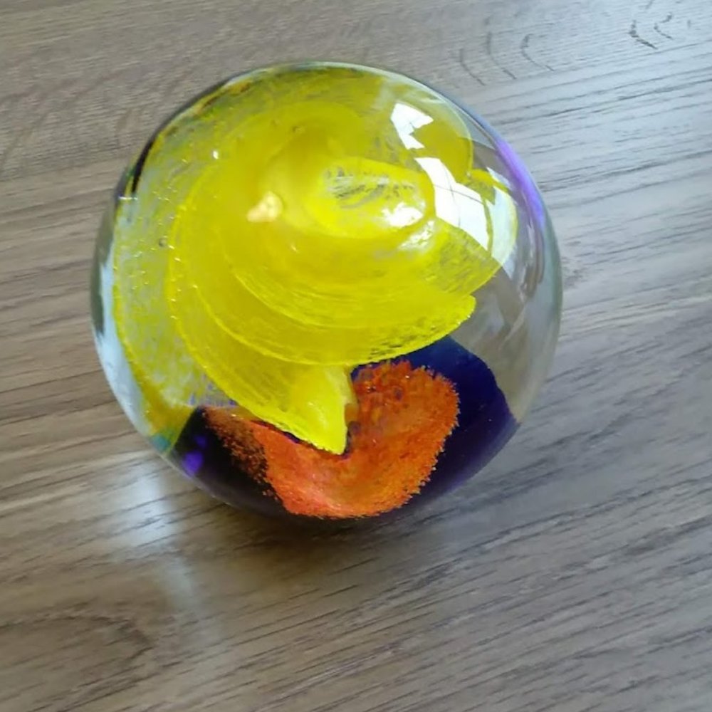 Vintage Art Glass Paperweight- Yellow/Blue